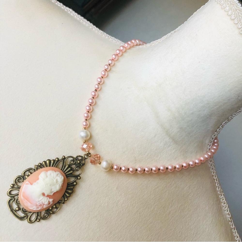 Handcrafted repurpose victorian lady cameo pendant Czech glass Pearl necklace